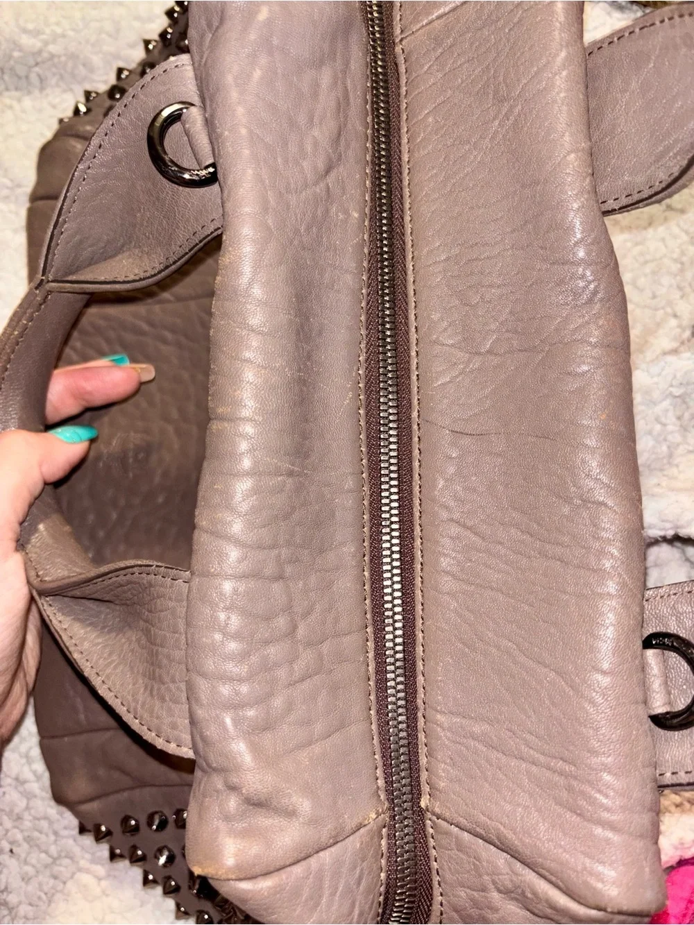 MCM Keana Gunmetal Studded Pebbled Leather Satchel Bag